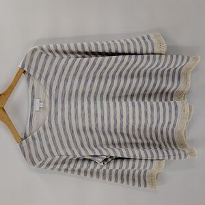 J. Jill Pullover Top Size Large Petite Blue Cream Stripe Fray Hem Quarter Sleeve